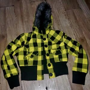 Last Kiss Kids Yellow and Black Plaid Puffer Jacket
